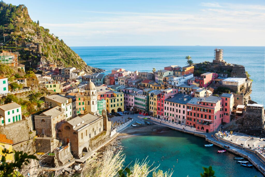 HOME Stunning aerial view of Vernazza in Cinque Terre, Liguria, Italy, by the sea.